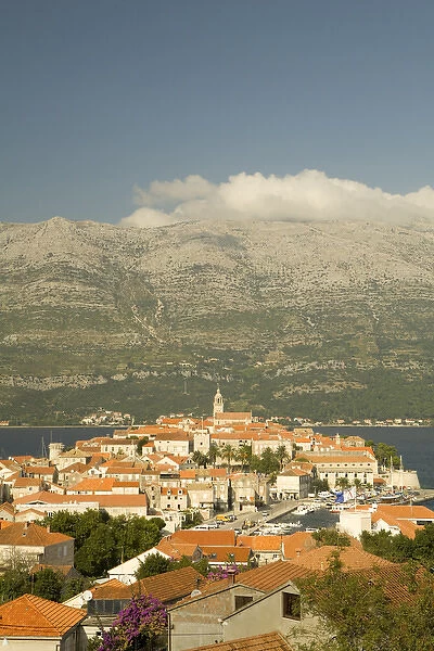 Europe, Croatia, Dalmatia, Korcula Island, Korcula town. View of town perched on peninsula