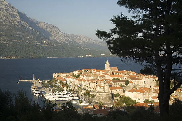 Europe, Croatia, Dalmatia, Korcula Island, Korcula town. View of town and Adriatic Sea