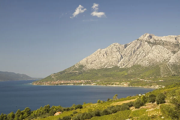 Europe, Croatia, Dalmatia, Lush fields and town of Orebic on the Peljesac peninsula