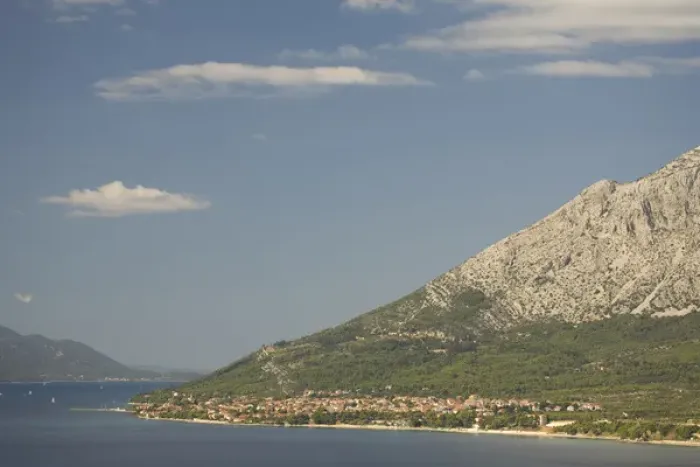 Framed Print : Europe, Croatia, Dalmatia, Lush fields and town of Orebic on the Peljesac peninsula