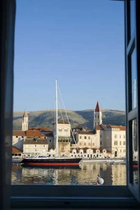 Framed Print : Europe, Croatia, Dalmatia, Trogir, a UNESCO World Heritage site. Seafront with boats
