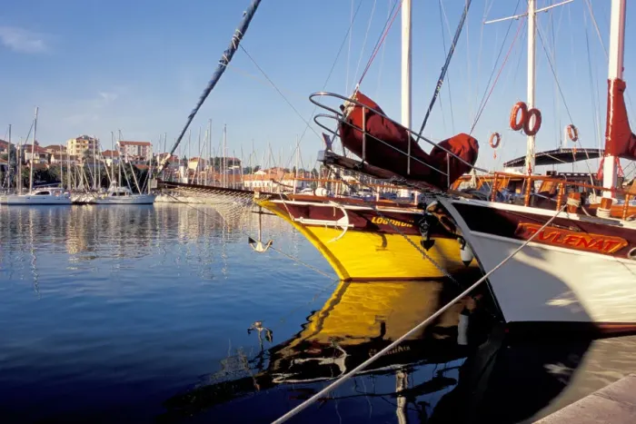 Framed Print : Europe, Croatia, Dalmatia, Trogir. Sailboats at dawn