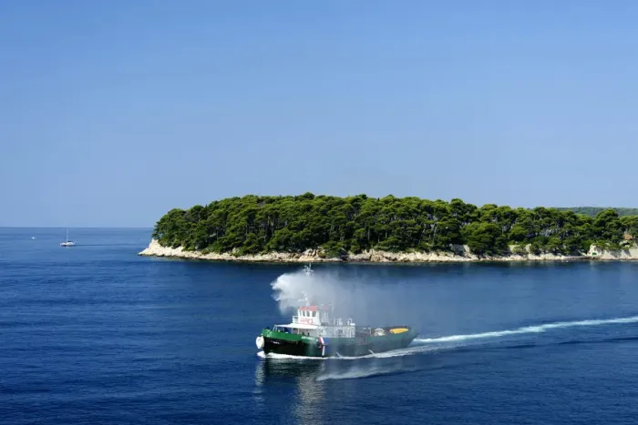 Framed Print : Europe, Croatia, Dubrovnik, Port. The tugboat Antares steams into the Port of Dubrovnik