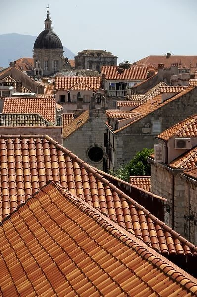 Europe, Croatia. Medieval walled city of Dubrovnik, colorful roof tops as seen from city wall