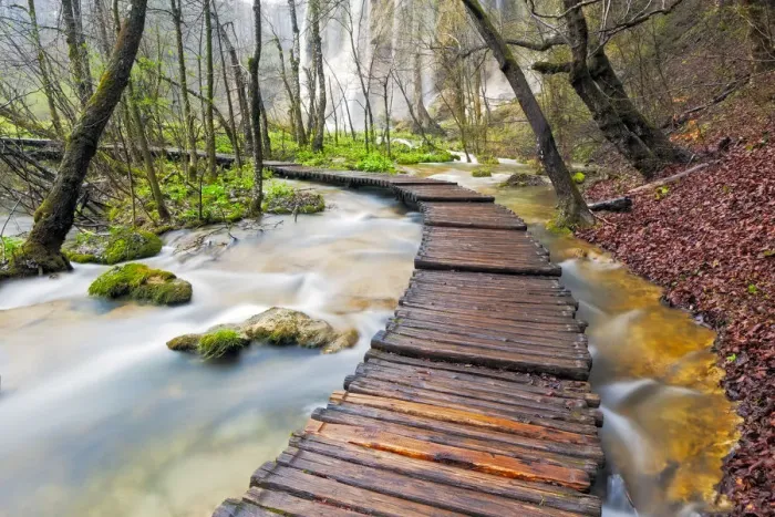 Framed Print : Europe, Croatia, Plitvice Lakes National Park. Wooden walkway over stream. Credit as Framed Print : Europe, Croatia, Plitvice Lakes National Park. Wooden walkway over stream. Credit as