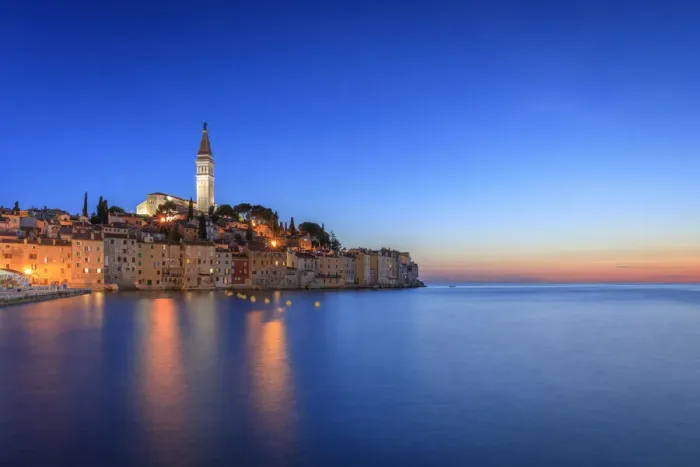 Framed Print : Europe, Croatia, Rovinj. Ocean view of town at sunset