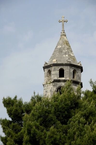 Europe, Croatia. Seaside resort town of Cavtat, historic bell tower
