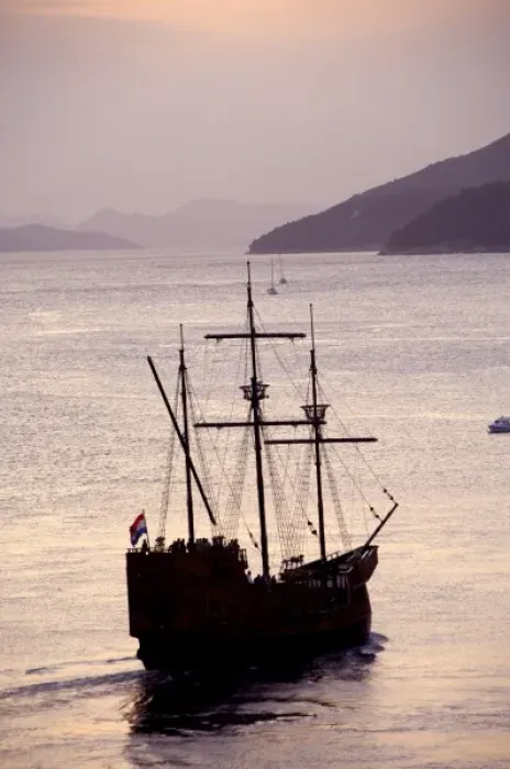 Framed Print : Europe, Croatia. Sight seeing tall ship in the port of Dubrovnik at sunset