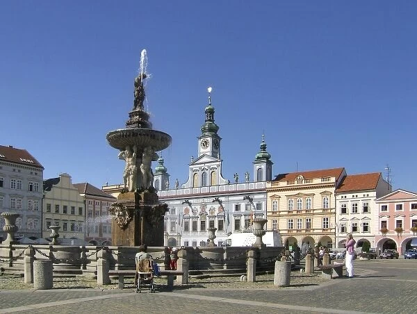 Europe, Czech Republic, Ceske Budejovice. Samsons Fountain, built in 1727, occupies