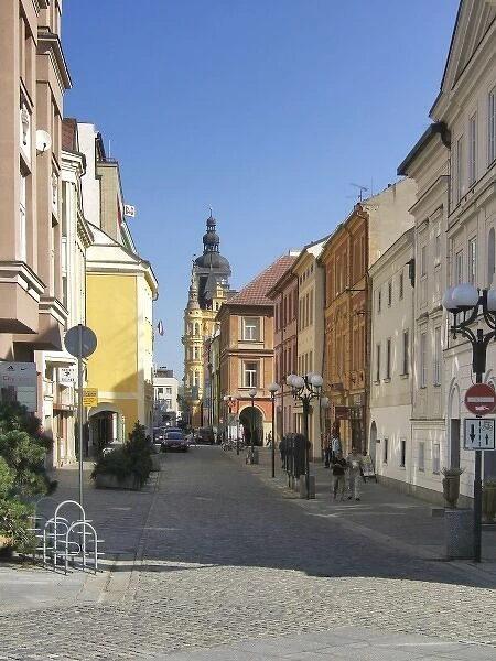 Europe, Czech Republic, Ceske Budejovice. Hroznova Street leads toward the Black Tower