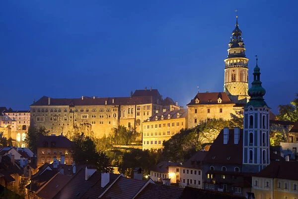 Europe, Czech Republic, Cesky Krumlov. Overview of city at night