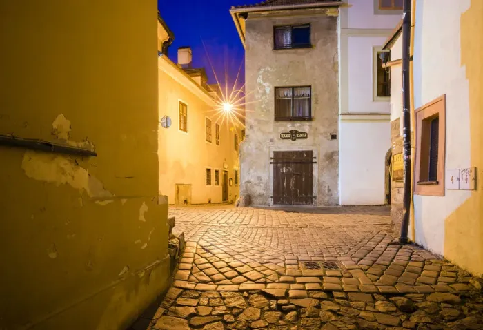 Framed Print : Europe, Czech Republic, Cesky Krumlov. Sunset on street scene Framed Print : Europe, Czech Republic, Cesky Krumlov. Sunset on street scene