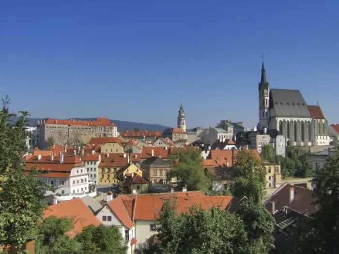 Framed Print : Europe, Czech Republic, Cesky Krumlov. The Castle, Castle Tower and the Church of St Framed Print : Europe, Czech Republic, Cesky Krumlov. The Castle, Castle Tower and the Church of St