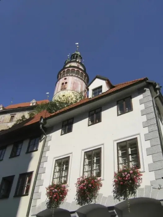 Framed Print : Europe, Czech Republic, Cesky Krumlov. Colorful flowers adorn a building in Latran Framed Print : Europe, Czech Republic, Cesky Krumlov. Colorful flowers adorn a building in Latran