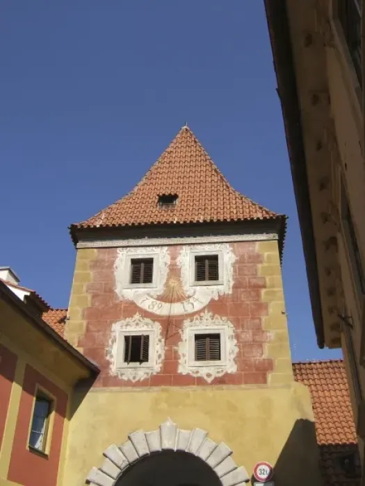 Framed Print : Europe, Czech Republic, Cesky Krumlov. An intricate sundial decorates the Budejovicka Gate