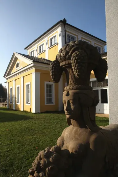Framed Print : Europe, Czech Republic, Frantiskovy Lazne. Statue of Sphinx in front of a spa hall