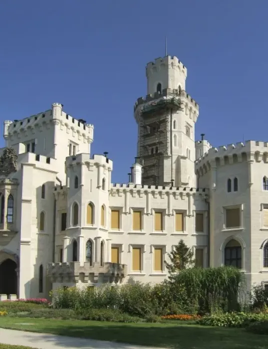 Framed Print : Europe, Czech Republic, Hluboka Castle. Workers repair the main tower at Hluboka