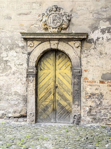 Europe, Czech Republic, Jicin. Doorway entrance to a church in the historic town