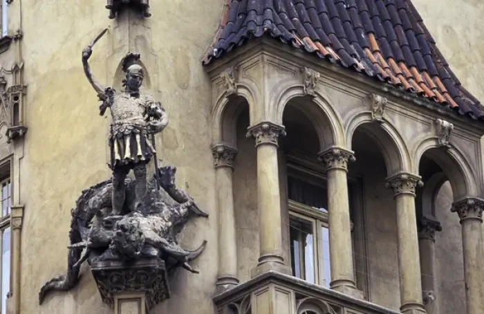 Framed Print : Europe, Czech Republic, Prague. Statue on old building with balcony
