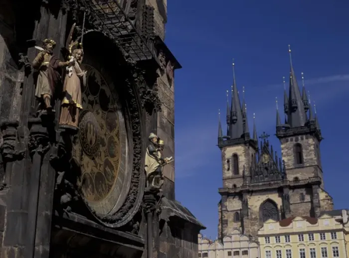 Framed Print : Europe, Czech Republic, Prague. Old town hall, Tyn Church. Astronomical Clock (Medium Framed Print : Europe, Czech Republic, Prague. Old town hall, Tyn Church. Astronomical Clock (Medium