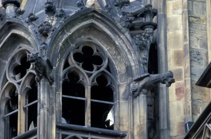 Framed Print : Europe, Czech Republic, Prague, Castle window detail and gargoyle Framed Print : Europe, Czech Republic, Prague, Castle window detail and gargoyle