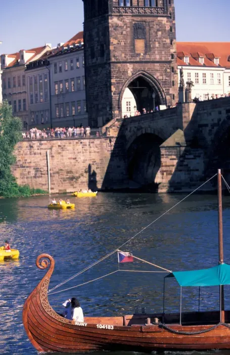 Framed Print : Europe, Czech Republic, Prague, Castle and traditional river boat Framed Print : Europe, Czech Republic, Prague, Castle and traditional river boat