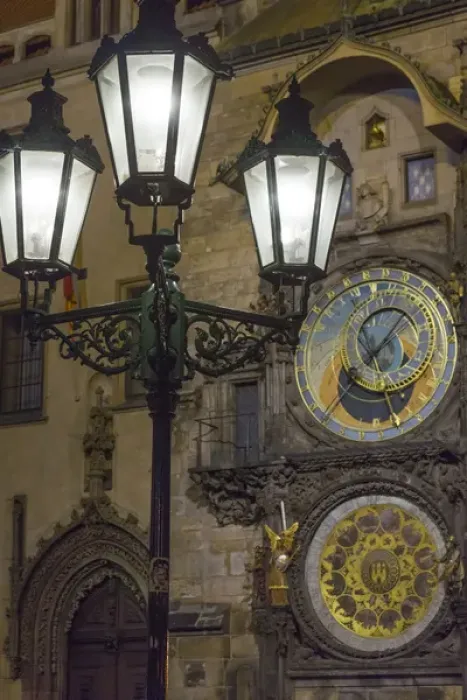 Framed Print : Europe, Czech Republic, Prague. Street lamp and Astronomical Clock at night. Credit as