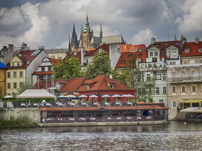 Framed Print : Europe, Czech Republic, Prague. Restaurant along the Vltava River from a riverboat