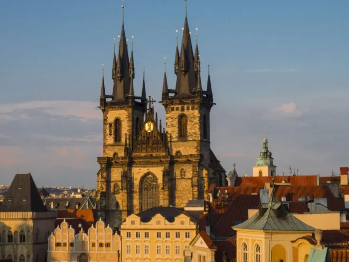 Framed Print : Europe, Czech Republic, Prague. Tyn Church, founded in 1385, dominates one side of