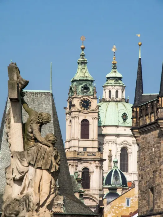 Framed Print : Europe, Czech Republic, Prague. Statue on the Charles bridge and the St. Nicholas church Framed Print : Europe, Czech Republic, Prague. Statue on the Charles bridge and the St. Nicholas church