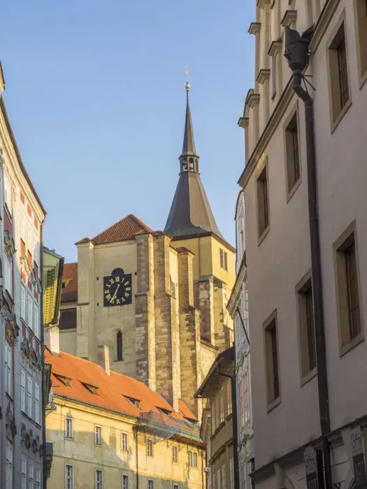 Framed Print : Europe, Czech Republic, Prague. View of steeple and clock in old town Prague