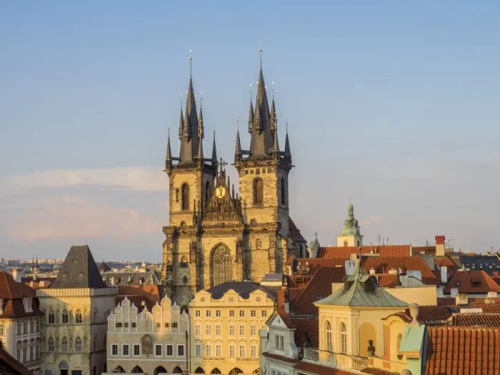 Framed Print : Europe, Czech Republic, Prague. Tyn Church, founded in 1385, dominates one side of Framed Print : Europe, Czech Republic, Prague. Tyn Church, founded in 1385, dominates one side of