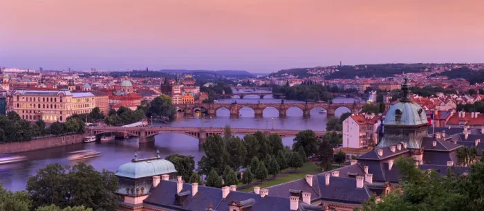 Framed Print : Europe, Czech Republic, Prague. Panoramic overview of Vltava River and bridges