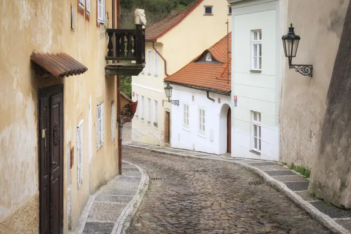 Framed Print : Europe, Czech Republic, Prague. Houses on cobblestone street
