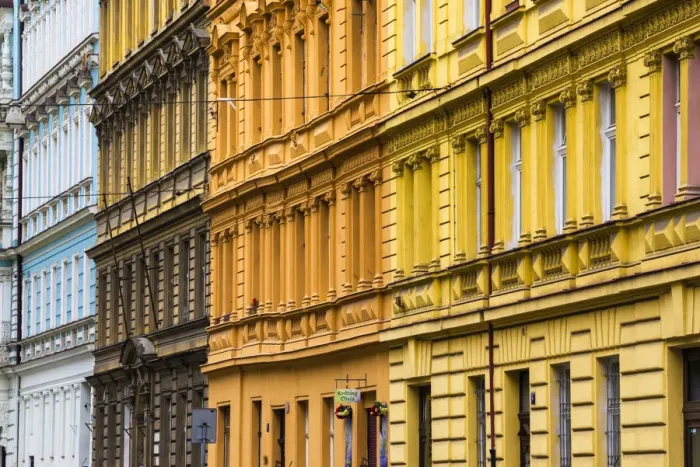 Framed Print : Europe, Czech Republic, Prague. Facade of colorful buildings Framed Print : Europe, Czech Republic, Prague. Facade of colorful buildings