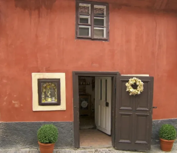 Framed Print : Europe, Czech Republic, Prague. Cisla #21 is one of the many cottages along Golden