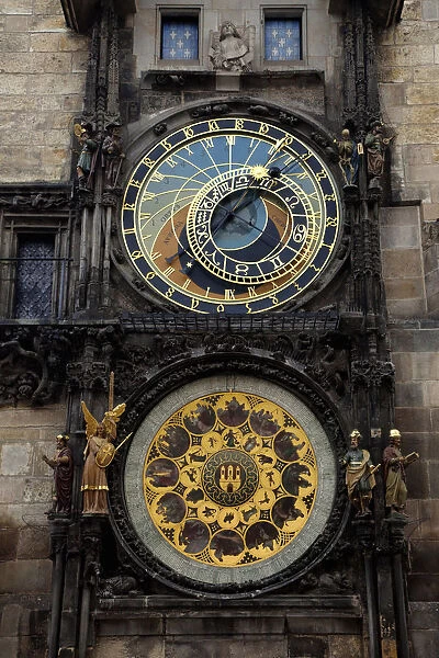Europe, Czech Republic, Prague. Close-up of astronomical clock on the town hall building