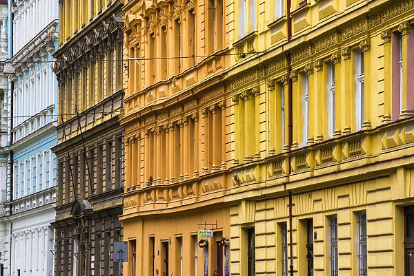 Europe, Czech Republic, Prague. Facade of colorful buildings