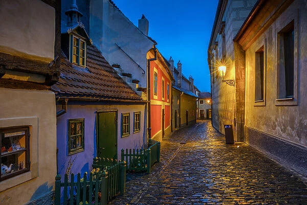 Europe, Czech Republic, Prague. Golden Lane buildings and street at night