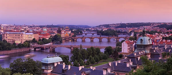 Europe, Czech Republic, Prague. Panoramic overview of Vltava River and bridges