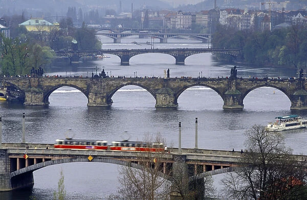 Europe, Czech Republic, Prague. View of Vltava River with Manesuv, Charles, Legil