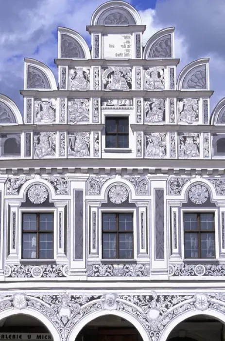 Framed Print : Europe, Czech Republic, South Moravia, Telc Renaissance House detail; Namesti Framed Print : Europe, Czech Republic, South Moravia, Telc Renaissance House detail; Namesti