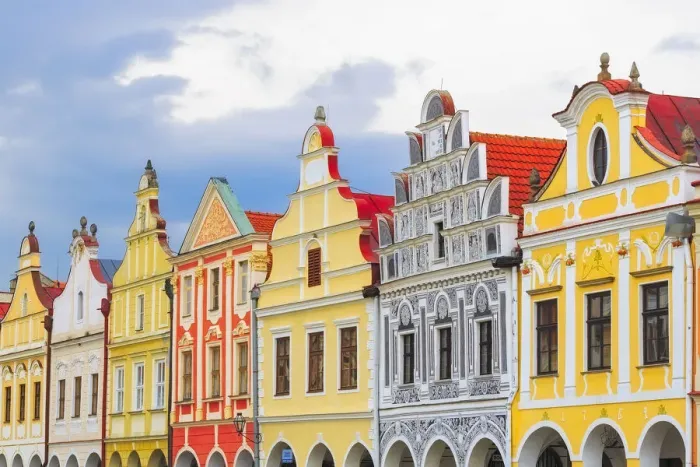 Framed Print : Europe, Czech Republic, Telc. Colorful houses on main square