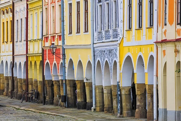 Europe, Czech Republic, Telc. Colorful row of buildings