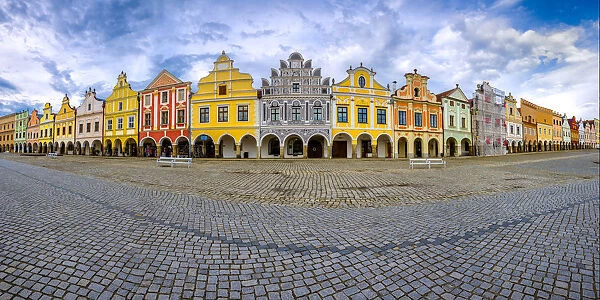 Europe, Czech Republic, Telc. Panoramic of colorful houses on main square. Credit as