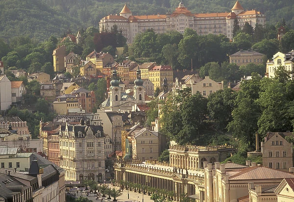 Europe, Czech Republic, West Bohemia, Karlovy Vary (Carlsbad) Town view to Hotel Imperial