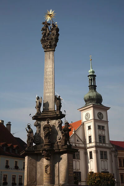 Europe, Czech Republic, West Bohemia, city of Loket. Plague Column with bell tower