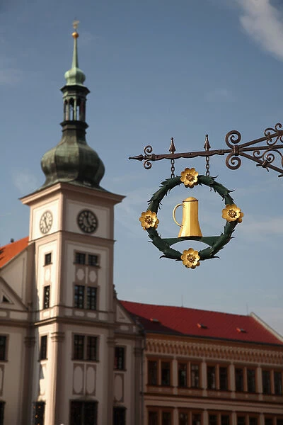 Europe, Czech Republic, West Bohemia, city of Loket. Sign of a beer house with the