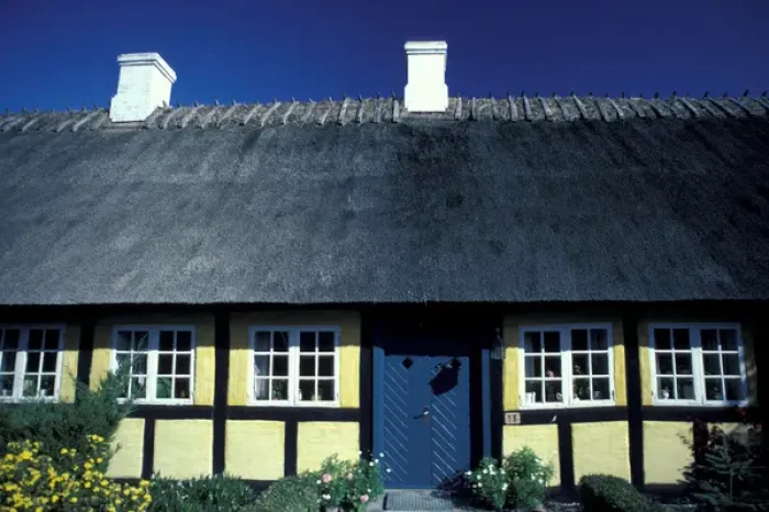 Framed Print : Europe, Denmark, Fyn Island. Tsinge cottage, half-timbered cottage with thatched roof Framed Print : Europe, Denmark, Fyn Island. Tsinge cottage, half-timbered cottage with thatched roof