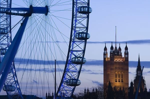 Europe, ENGLAND, London: Houses of Parliament and London Eye  /  Evening